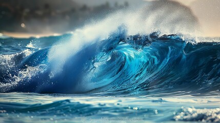 Wall Mural - A Majestic Blue Ocean Wave Crashing and Spraying Water