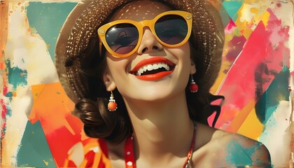 Wall Mural - Joyful woman in sunglasses set against vibrant abstract halftone backdrop, embodying summer vacation spirit with a touch of retro aesthetic for poster and print design.