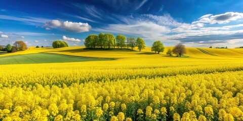 Vibrant landscape with blooming rapeseed fields, nature, agriculture, countryside, rural, yellow flowers