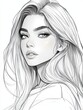 © Nottenaj - 42. Headshot illustration of a beautiful woman in anime style with long, straight hair and a thoughtful look, drawn as a coloring book page with fine details in her hair and eyes, on a white
