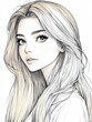 © Nottenaj - 42. Headshot illustration of a beautiful woman in anime style with long, straight hair and a thoughtful look, drawn as a coloring book page with fine details in her hair and eyes, on a white