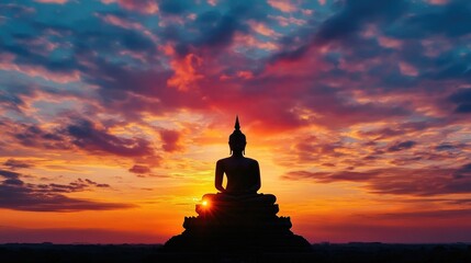 Silhouette of a Buddha figure during sunrise, with the rising sun illuminating the contours of the statue against a colorful sky