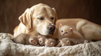 A serene scene of a dog resting with four playful kittens on a cozy blanket.