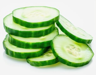 Sliced green cucumber lying on a white background