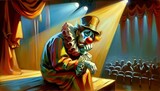 a clown on stage under a spotlight, with exaggerated sad facial features, sitting alone with a downcast gaze. The background shows an empty audience area and closed red curtains, creating a somber atm