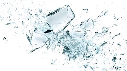 Shattered Glass Effect: Fragments of shattered glass frozen mid-air, creating a dynamic explosion effect against a white background. 