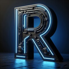 Wall Mural - Futuristic neon blue letter R.