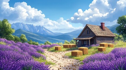 Sticker - Cottage in a Lavender Field with Bees and Mountains.