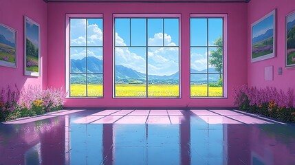 Canvas Print - Pink Room with Window View of Mountains and Flowers.