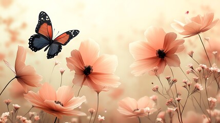 Poster - Delicate Peach Flowers and Butterfly in a Softly Lit Field.