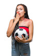 © Krakenimages.com - Young braided hair african american with birth mark holding soccer ball over isolated background cover mouth with hand shocked with shame for mistake, expression of fear, scared in silence