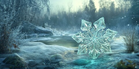 Sticker - A large snowflake in a snowy, wintery forest.