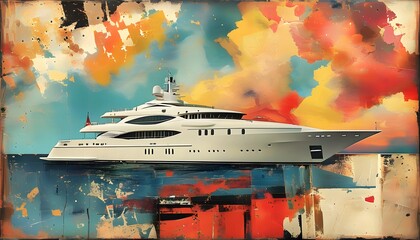 Contemporary art collage featuring luxury yacht amidst abstract background, evoking retro aesthetics for summer vacation and travel themed design