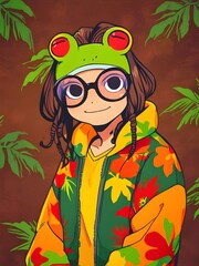 Canvas Print - Anime Girl with Frog Hat and Floral Jacket