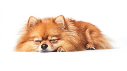 A sleeping Pomeranian dog with a fluffy coat resting peacefully on a white background.