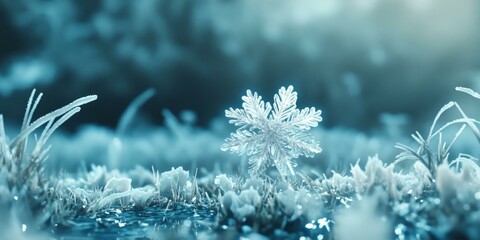 Wall Mural - A single snowflake in a frosted field.