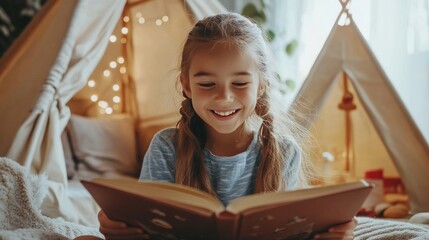 Girl embraces knowledge and recreation at home.