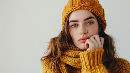 Wall Mural - A woman wearing a yellow hat and scarf is looking at the camera