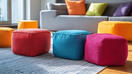 Wall Mural - Colorful poufs adorn a modern living room floor.