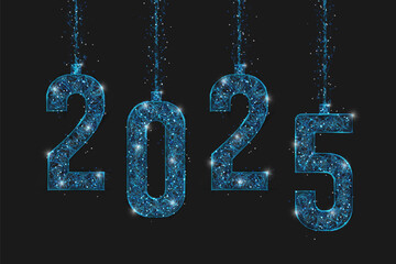 Wall Mural - Abstract isolated blue image of new year number 2025. Polygonal low poly wireframe illustration looks like stars in the black night sky in space or flying glass shards. Digital web, internet design.