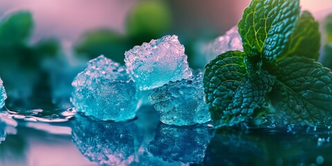 Sticker - Close up of ice cubes and a mint leaf.