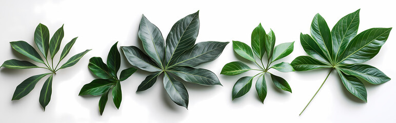 Wall Mural - Tropical aralia leaves in different sizes arranged in a cascading style on a white background, perfect for botanical-themed visuals