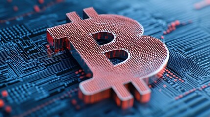 Canvas Print - A close up of a bitcoin symbol on top of an electronic circuit board, AI