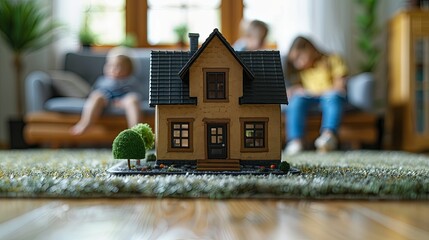 Small House Model with Blurred Family in the Background