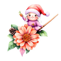 Watercolor Christmas clipart, A chubby santy girl riding Zinnia flower clipart, watercolor clipart, isolated on white background.