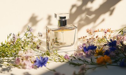 Poster - A Glass Bottle of Perfume Surrounded by Delicate Flowers in Sunlight