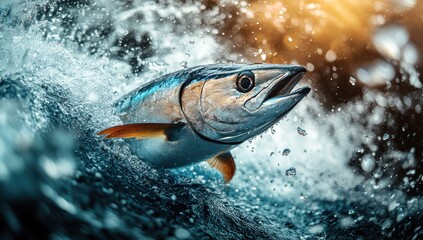 Wall Mural - A leaping Tuna fish in the ocean