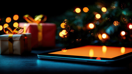 A glowing tablet screen showing Cyber Monday sales, with a Christmas wreath in the background and packages arriving Cyber Monday  tablet, online shopping and delivery