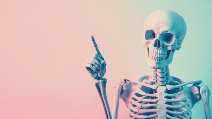 A skeleton is pointing to the sky with its index finger