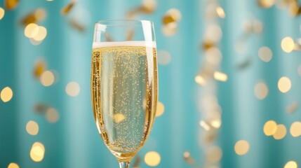 Poster - A glass of champagne is sitting on a table with gold confetti, AI