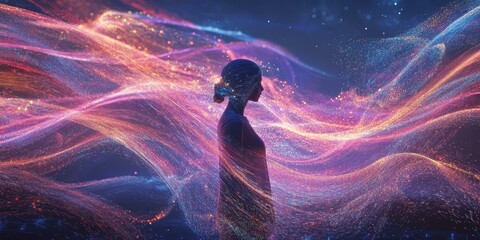 Wall Mural - Silhouette of a woman in glowing, colorful light.