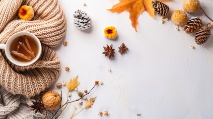 Wall Mural - A white background with a cup of tea and a blanket with a few pine cones