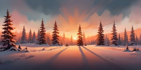 digital painting, A snowy winter landscape with a sunset over a forest of tall pine trees. The sky is filled with warm orange and pink hues.