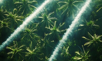 Poster - Aerial View of a Palm Tree Grove with Smoke Trails