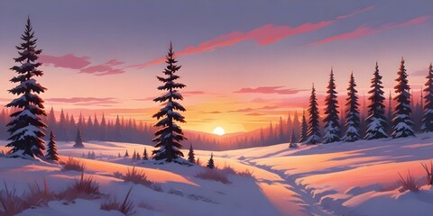 digital painting, A snowy winter landscape with a sunset over a forest of tall pine trees. The sky is filled with warm orange and pink hues.