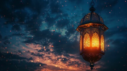 Ornate Lantern Hanging Against a Twilight Sky with Bokeh