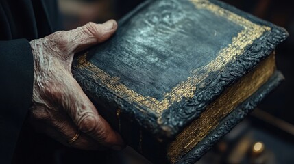 An elderly hand holds an ornate, antique book with gilded edges.