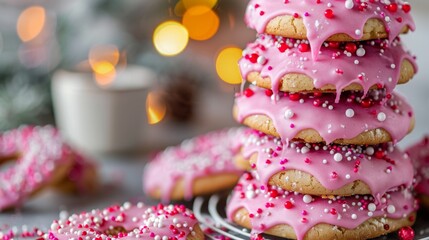 Stack of festive pink cookies with sprinkles