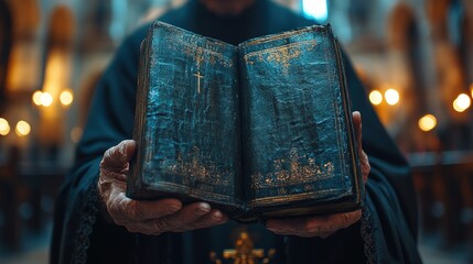 A person holds an ornate, ancient book in a dimly lit church setting.