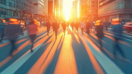 Wall Mural - A vibrant city sunset captures the dynamic movement of pedestrians crossing the street, with shadows stretching towards the setting sun.