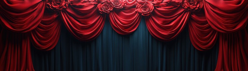 Poster - Red Velvet Curtains with Roses