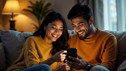 indian couple smiling and looking at phone sitting on sofa at home