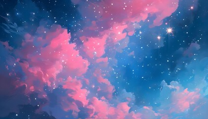 Wall Mural - Dreamy pink and blue starry sky with ethereal clouds illuminated by twinkling lights