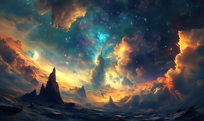 Poster - A Fantasy Landscape with Mountains and a Starry Sky