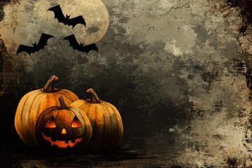 Wall Mural - A Halloween scene with three pumpkins and three bats flying in the background