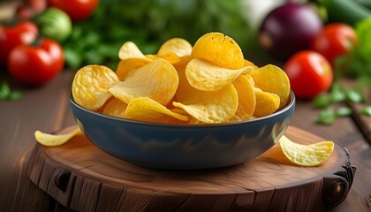 Crispy potato chips on a wooden board with fresh tomatoes and greens in the background